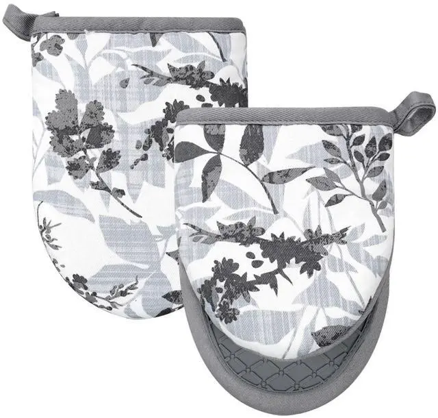 Main image of Mini Silicone Oven Mitts, Heat Resistant Kitchen Mittens 2-Pack Set | Non-Slip Khaki Patchwork Flower Soft Short Oven Gloves, Flexible Thick Pot Holders for Safe Cooking Baking & Grill(Grayish)