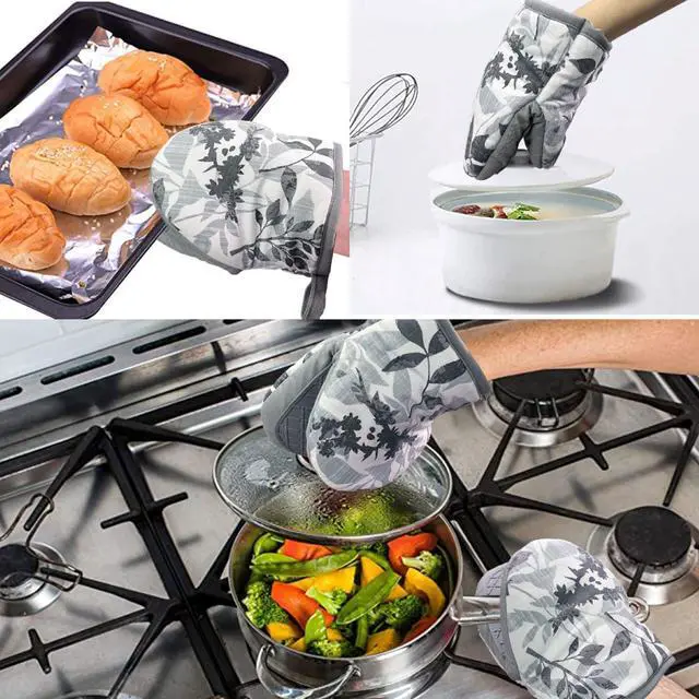 Alt view image 5 of 7 - Mini Silicone Oven Mitts, Heat Resistant Kitchen Mittens 2-Pack Set | Non-Slip Khaki Patchwork Flower Soft Short Oven Gloves, Flexible Thick Pot Holders for Safe Cooking Baking & Grill(Grayish)