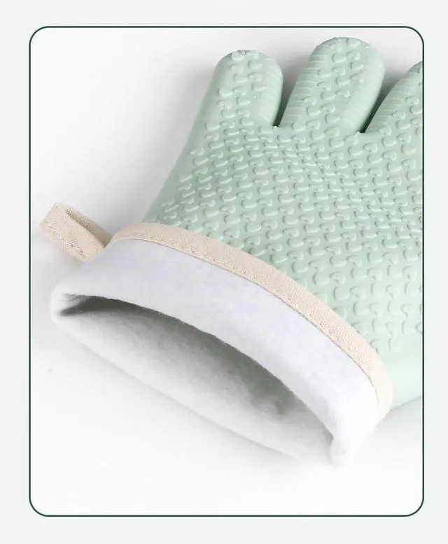 Alt view image 4 of 5 - 2 PCS Silicone Oven Mitts, Waterproof & Non-Slip Oven Gloves with Fingers, Oven Gloves with Soft Cotton Lining for Baking Cooking Barbecue, Great Gift for Cooking (Green)