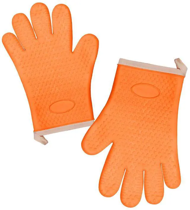 Alt view image 2 of 7 - Silica Gel Oven Mitts, Orange, 1 Pair | Heat Resistant, Waterproof, Non-Slip, Cotton Lined, For Baking Cooking Barbecue/Women