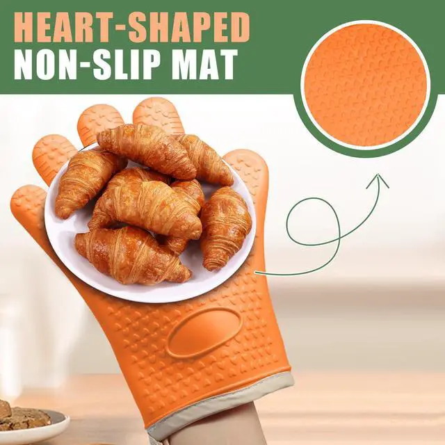 Alt view image 5 of 7 - Silica Gel Oven Mitts, Orange, 1 Pair | Heat Resistant, Waterproof, Non-Slip, Cotton Lined, For Baking Cooking Barbecue/Women