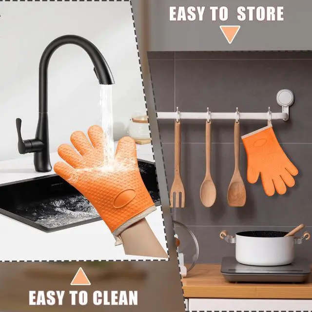 Alt view image 6 of 7 - Silica Gel Oven Mitts, Orange, 1 Pair | Heat Resistant, Waterproof, Non-Slip, Cotton Lined, For Baking Cooking Barbecue/Women