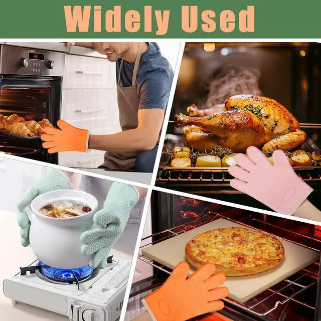 Alt view image 7 of 7 - Silica Gel Oven Mitts, Orange, 1 Pair | Heat Resistant, Waterproof, Non-Slip, Cotton Lined, For Baking Cooking Barbecue/Women