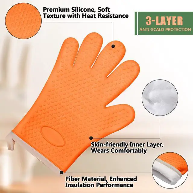 Alt view image 4 of 7 - Silica Gel Oven Mitts, Orange, 1 Pair | Heat Resistant, Waterproof, Non-Slip, Cotton Lined, For Baking Cooking Barbecue/Women