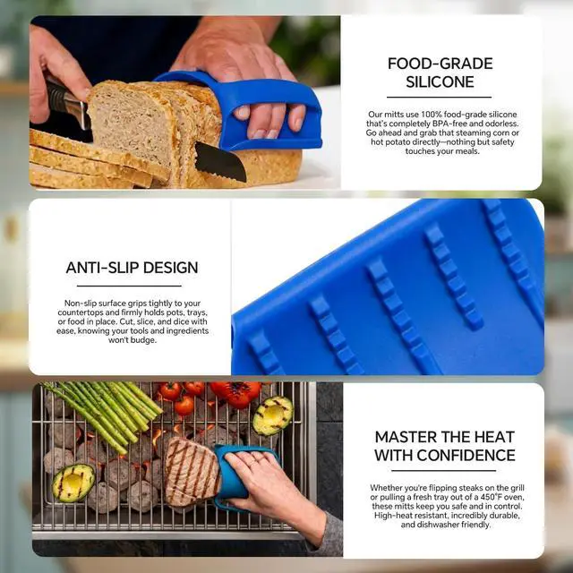 Alt view image 6 of 7 - 2Pcs Silicone Oven Mitts - Heat Resistant Oven Mitt Pot Holder for Kitchen - 100% Silicone, Dishwasher Safe, BPA-Free, Non-Slip Grip - for Kitchen, BBQ, Grilling - Blue