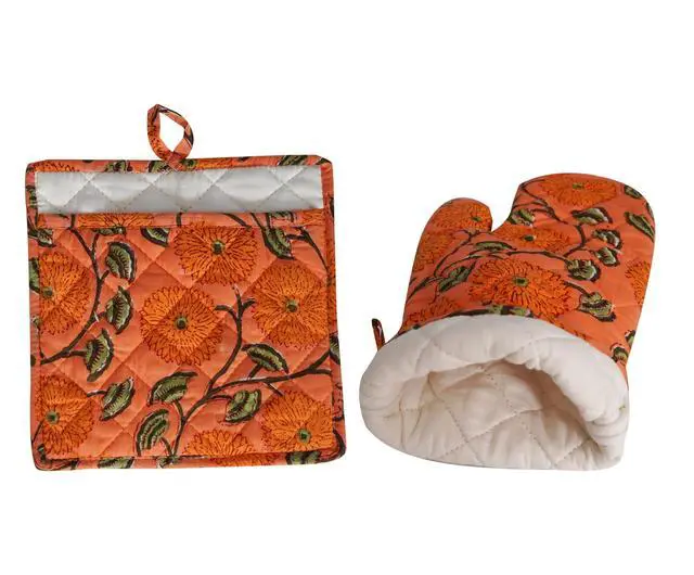 Alt view image 4 of 6 - Flower Oven Mitts and Pot Holders Sets Rose Leaf Branch Spring Nature Heat Resistant 3pcs for Cooking