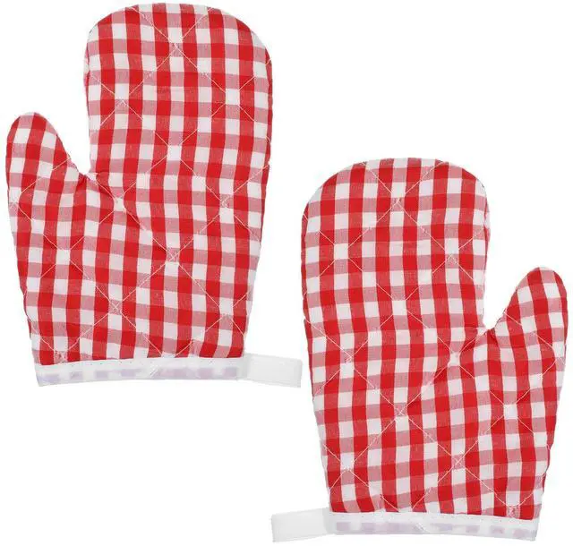 Main image of 2PCS Red Oven Mitts for Kids, Red Checkered Oven Mitts for Kitchen Aid, Cute Kitchen Mitt for Safe Cooking Baking BBQ Griddle, Mini Heat Resistant Baking Gloves Easy Bake Accessories