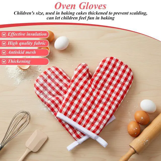 Alt view image 3 of 7 - 2PCS Red Oven Mitts for Kids, Red Checkered Oven Mitts for Kitchen Aid, Cute Kitchen Mitt for Safe Cooking Baking BBQ Griddle, Mini Heat Resistant Baking Gloves Easy Bake Accessories