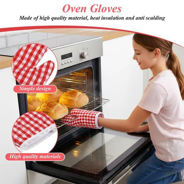Alt view image 4 of 7 - 2PCS Red Oven Mitts for Kids, Red Checkered Oven Mitts for Kitchen Aid, Cute Kitchen Mitt for Safe Cooking Baking BBQ Griddle, Mini Heat Resistant Baking Gloves Easy Bake Accessories