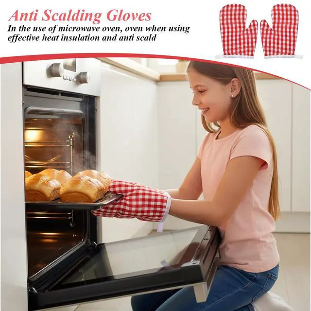 Alt view image 5 of 7 - 2PCS Red Oven Mitts for Kids, Red Checkered Oven Mitts for Kitchen Aid, Cute Kitchen Mitt for Safe Cooking Baking BBQ Griddle, Mini Heat Resistant Baking Gloves Easy Bake Accessories