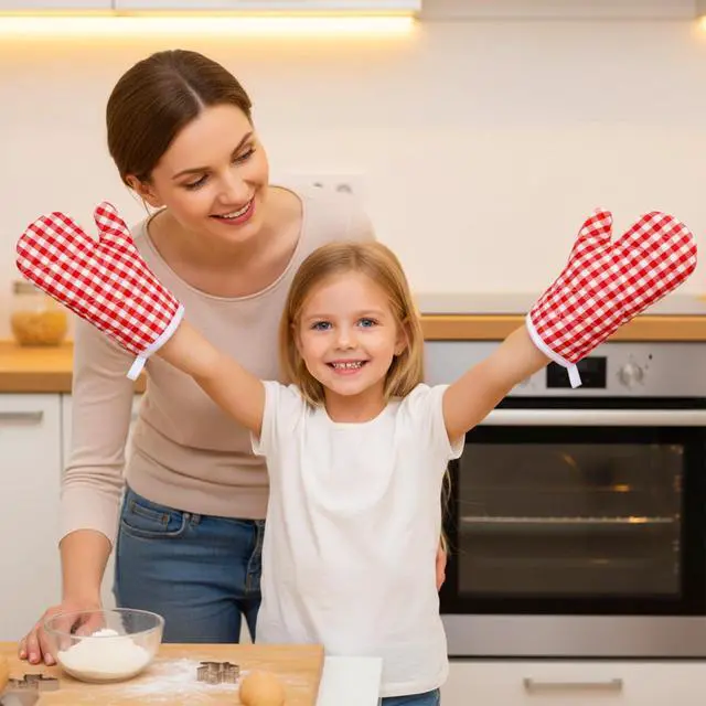 Alt view image 7 of 7 - 2PCS Red Oven Mitts for Kids, Red Checkered Oven Mitts for Kitchen Aid, Cute Kitchen Mitt for Safe Cooking Baking BBQ Griddle, Mini Heat Resistant Baking Gloves Easy Bake Accessories