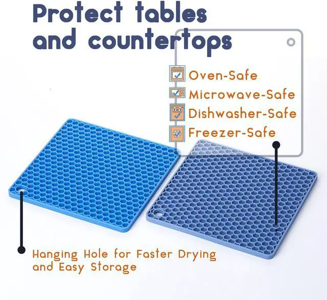 Alt view image 4 of 7 - Silicone Trivet Mats, 2 Pack, Blue, Heat & Stain Resistant | Non Slip Hot Pads Kitchen Potholders Jar Opener Spoon Holder Food Grade Silicone