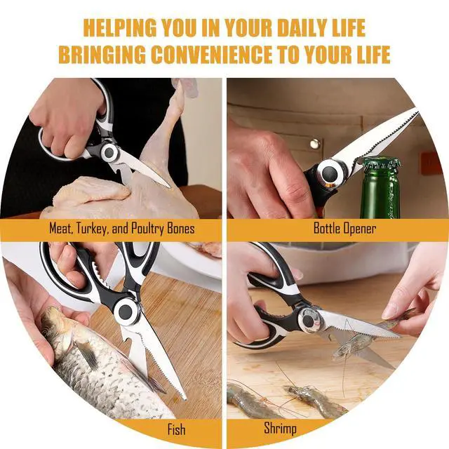 Alt view image 3 of 6 - 2 Pack Kitchen Scissors Heavy Duty, All Purpose Stainless Steel Kitchen Shears for Cutting Meat Chicken Crab Legs, Dishwasher Safe Seafood Scissors with Protective Cover (Black)