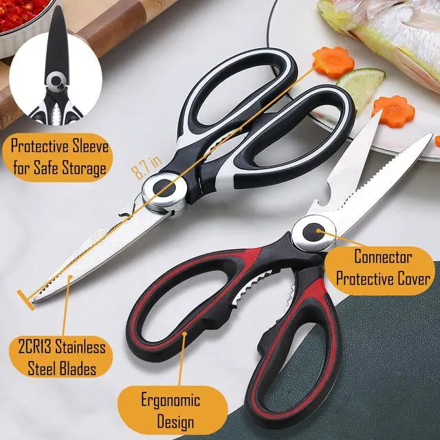 Alt view image 4 of 6 - 2 Pack Kitchen Scissors Heavy Duty, All Purpose Stainless Steel Kitchen Shears for Cutting Meat Chicken Crab Legs, Dishwasher Safe Seafood Scissors with Protective Cover (Black)
