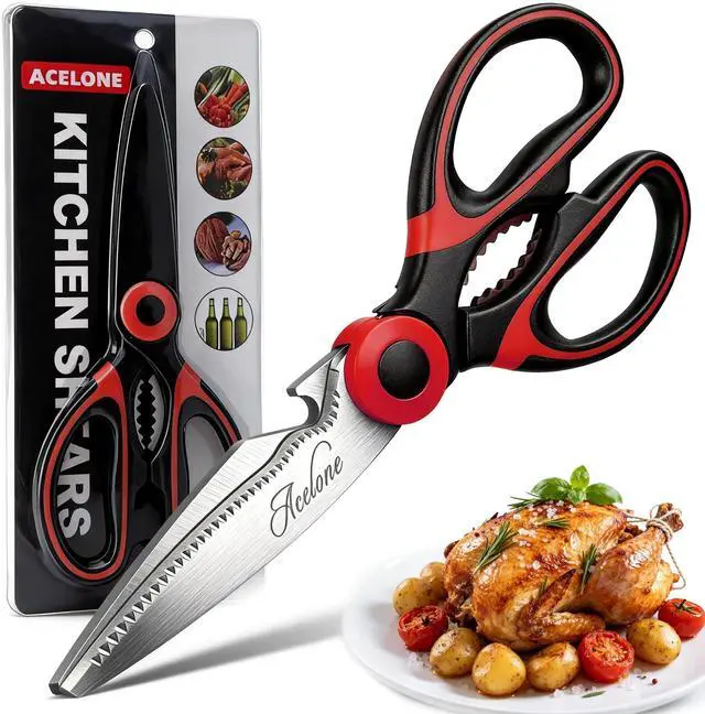 Main image of Kitchen Shears, Acelone Premium Heavy Duty Shears Ultra Sharp Stainless Steel Multi-function Kitchen Scissors for Chicken/Poultry/Fish/Meat/Vegetables/Herbs/BBQ (Red black)