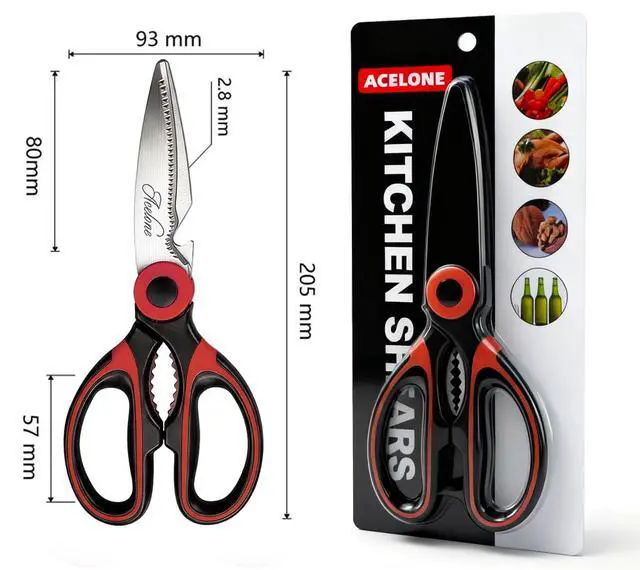 Alt view image 7 of 7 - Kitchen Shears, Acelone Premium Heavy Duty Shears Ultra Sharp Stainless Steel Multi-function Kitchen Scissors for Chicken/Poultry/Fish/Meat/Vegetables/Herbs/BBQ (Red black)