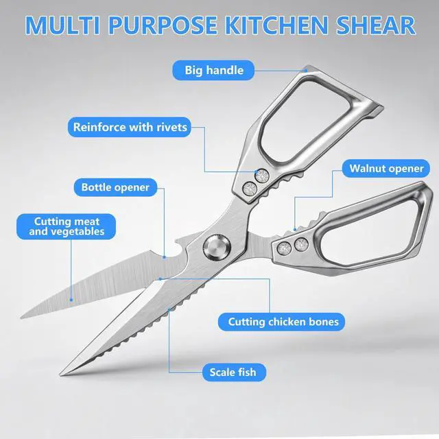 Alt view image 3 of 6 - Heavy Duty Kitchen Scissors, Stainless Steel | Sharp Meat Scissors Dishwasher Safe, All-Purpose Food Shears - Sharp Cooking Scissors for Poultry, Silver