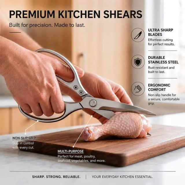 Alt view image 3 of 7 - Kitchen Shears Heavy Duty 8.5", Multipurpose Food Scissors for Meat Chicken | Detachable Design for Easy Cleaning, Dishwasher Safe, Non-Slip Comfort Grip, for Meat Chicken Vegetables Seafood & Herbs