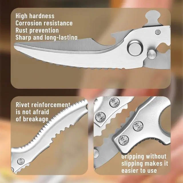Alt view image 4 of 6 - Heavy Duty Poultry Shears - Kitchen Shears with Non-Slip Handle & Safety Lock for Effortless Chicken, Meat Cutting, Turkey, Fish, and Veggies! Spring Loaded & Dishwasher Safe!