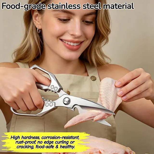 Alt view image 2 of 7 - Heavy Duty Kitchen Shears 3mm Thick Stainless Steel - Poultry Scissors for Chicken Bones, Meat, Fish, Turkey, Veggies - Dishwasher Safe, Ergonomic Aluminum Grip Multifunctional Tool