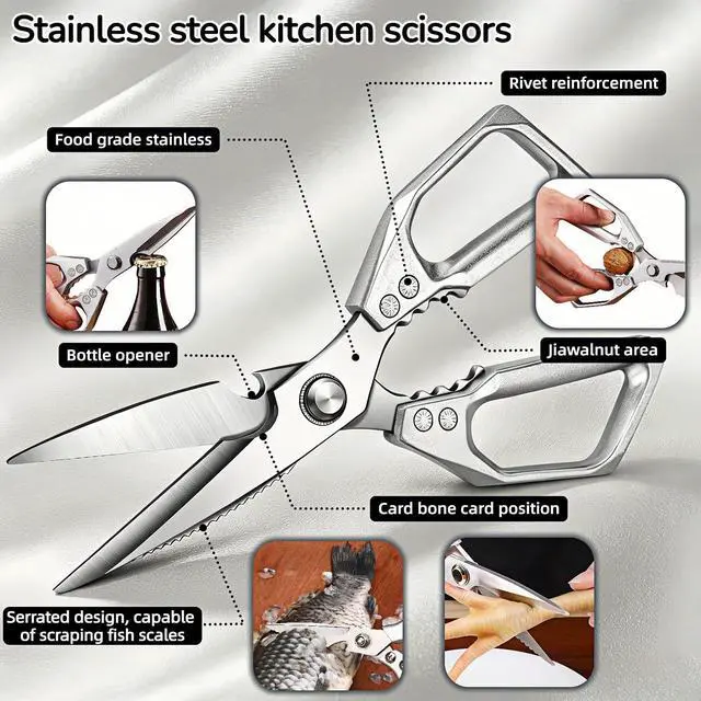 Alt view image 3 of 7 - Heavy Duty Kitchen Shears 3mm Thick Stainless Steel - Poultry Scissors for Chicken Bones, Meat, Fish, Turkey, Veggies - Dishwasher Safe, Ergonomic Aluminum Grip Multifunctional Tool