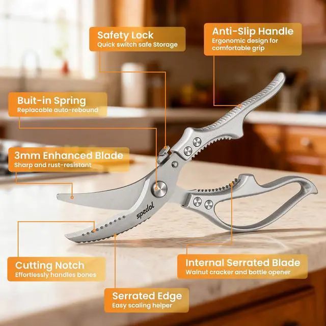 Alt view image 5 of 6 - Kitchen Scissors Food Cutting: Heavy Duty Poultry Meat Shears | Stainless Steel All Purpose for Home Cooking & Restaurant