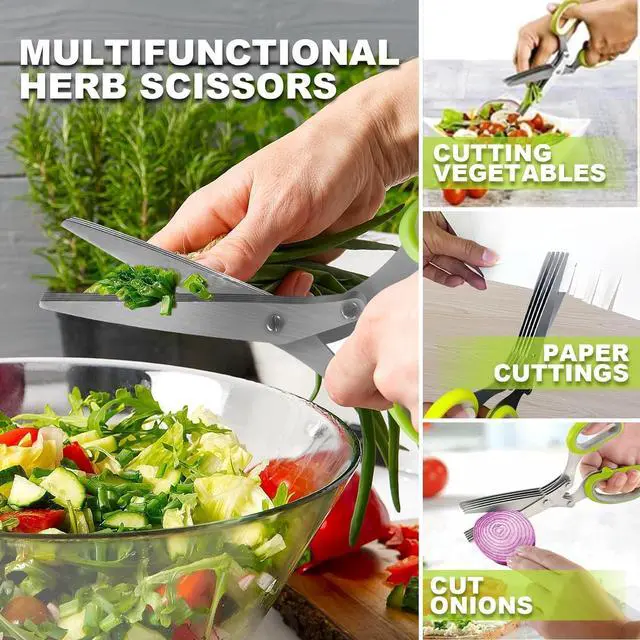 Alt view image 4 of 7 - Herb Scissors, Shallot Scissors, Multipurpose 5 Blade Kitchen Herb Shears, Herb Cutter with Safety Cover and Cleaning Comb for Chopping Shallot Basil Chive Parsley