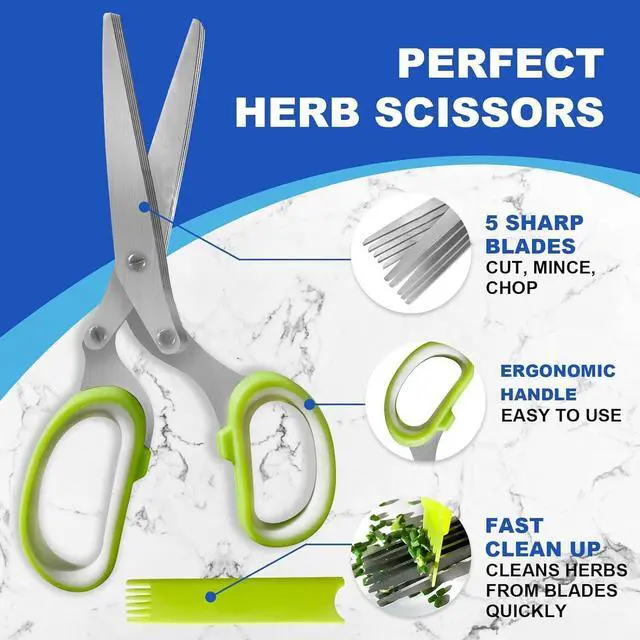 Alt view image 6 of 7 - Herb Scissors, Shallot Scissors, Multipurpose 5 Blade Kitchen Herb Shears, Herb Cutter with Safety Cover and Cleaning Comb for Chopping Shallot Basil Chive Parsley