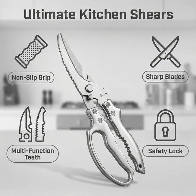 Alt view image 4 of 7 - Vexrythm Heavy Duty Poultry Shears - Effortlessly Cut Chicken, Meat & Veggies with Non-Slip Handle, Safety Lock & Spring Loaded Design! Dishwasher Safe Kitchen Shears!