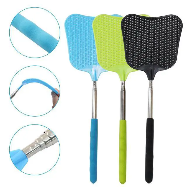 Alt view image 3 of 5 - 3 Pcs Telescopic Fly Swatter, 3 Color | Plastic, Long Handle, Heavy Duty, Indoor Outdoor Office Home