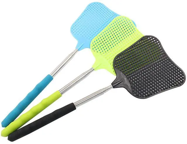 Main image of 3 Pcs Telescopic Fly Swatter, 3 Color | Plastic, Long Handle, Heavy Duty, Indoor Outdoor Office Home
