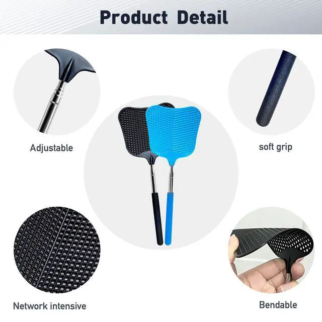 Alt view image 5 of 6 - Fly Swatter, Flexible and Durable Telescopic Stainless Steel Retractable Handle Manual Fly swatters for Home,Garden,Classroom and Office (2Pcs Black& Blue)