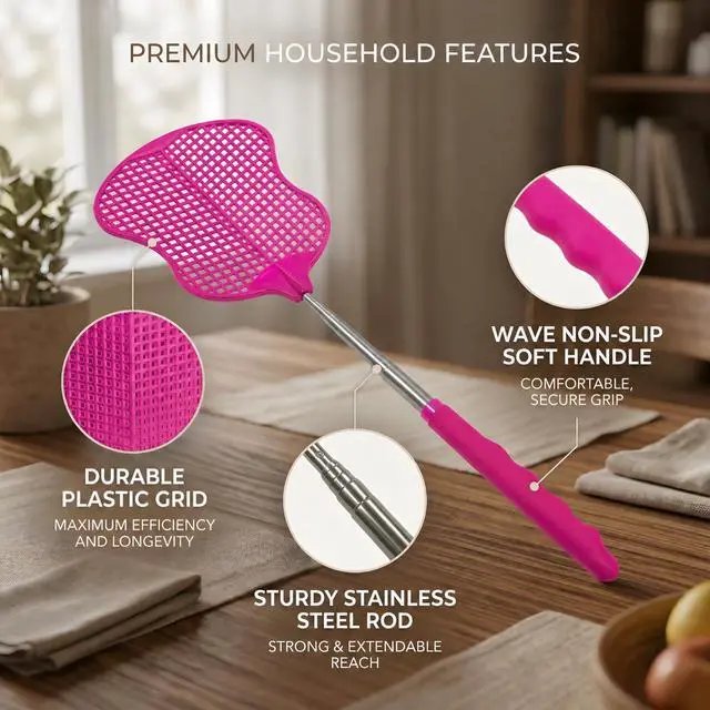 Alt view image 4 of 7 - Fly Swatter 2PCS Hot Pink | Durable Heavy Duty Plastic Fly Swatters Stainless Steel Telescopic FlySwatter for Indoors/Outdoor/Kitchen/Gardens