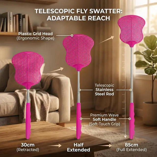 Alt view image 3 of 7 - Fly Swatter 2PCS Hot Pink | Durable Heavy Duty Plastic Fly Swatters Stainless Steel Telescopic FlySwatter for Indoors/Outdoor/Kitchen/Gardens