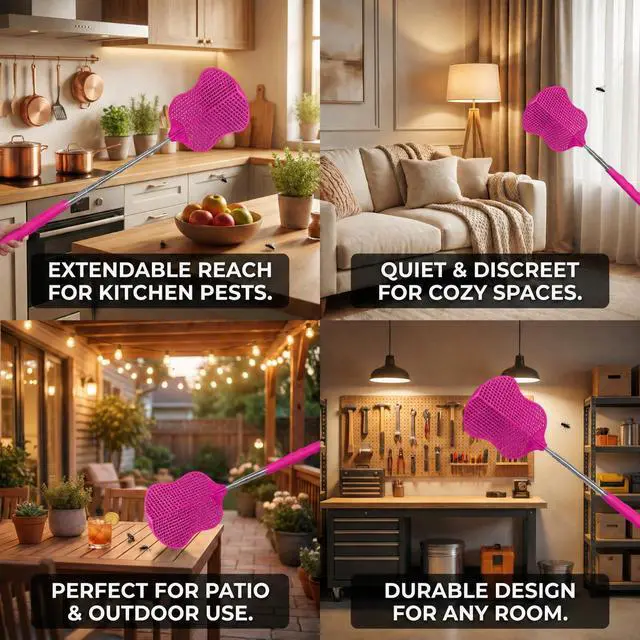 Alt view image 5 of 7 - Fly Swatter 2PCS Hot Pink | Durable Heavy Duty Plastic Fly Swatters Stainless Steel Telescopic FlySwatter for Indoors/Outdoor/Kitchen/Gardens