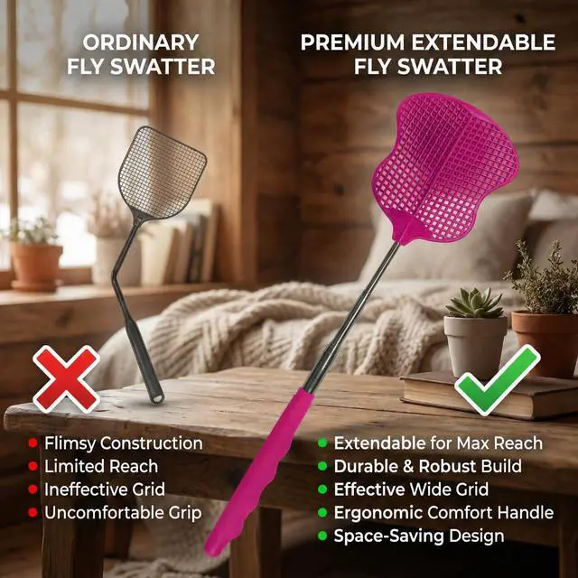 Alt view image 6 of 7 - Fly Swatter 2PCS Hot Pink | Durable Heavy Duty Plastic Fly Swatters Stainless Steel Telescopic FlySwatter for Indoors/Outdoor/Kitchen/Gardens