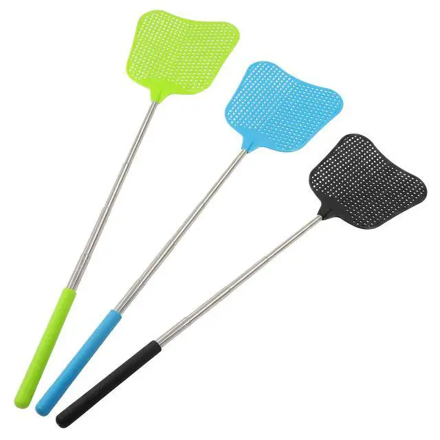 Alt view image 2 of 5 - 3 Pack Retractable Fly Swatter, Black+Blue+Green | Heavy Duty, Stainless Steel Handle, Plastic Manual Flying Swatter, Indoor Outdoor Home Camping