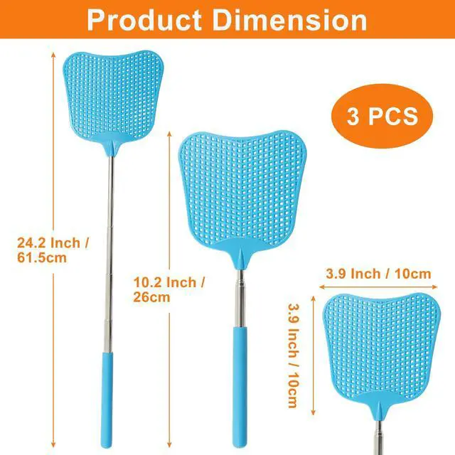 Alt view image 3 of 5 - 3 Pack Retractable Fly Swatter, Black+Blue+Green | Heavy Duty, Stainless Steel Handle, Plastic Manual Flying Swatter, Indoor Outdoor Home Camping