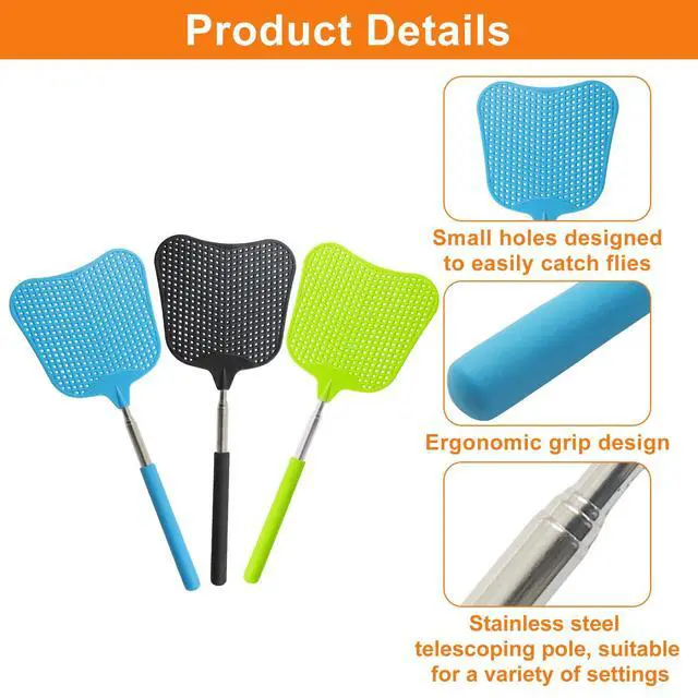 Alt view image 4 of 5 - 3 Pack Retractable Fly Swatter, Black+Blue+Green | Heavy Duty, Stainless Steel Handle, Plastic Manual Flying Swatter, Indoor Outdoor Home Camping