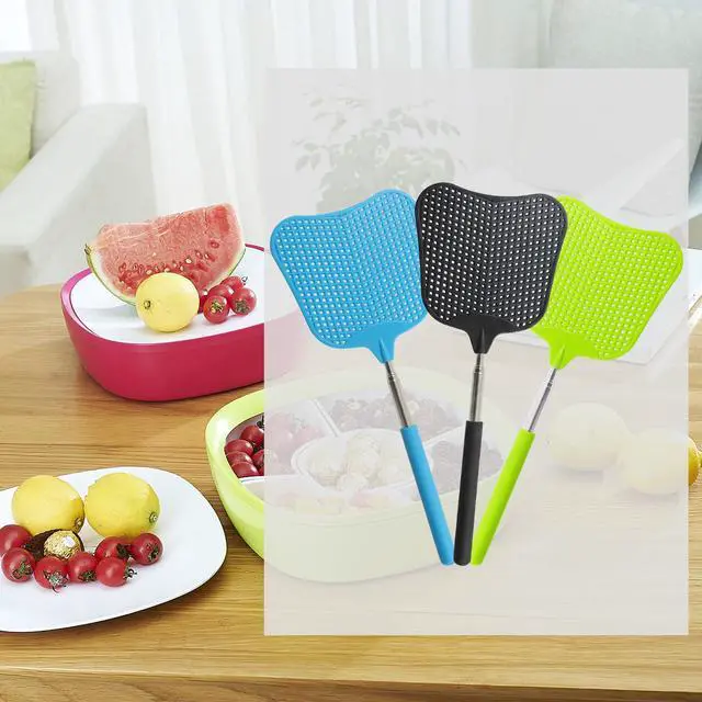 Alt view image 5 of 5 - 3 Pack Retractable Fly Swatter, Black+Blue+Green | Heavy Duty, Stainless Steel Handle, Plastic Manual Flying Swatter, Indoor Outdoor Home Camping