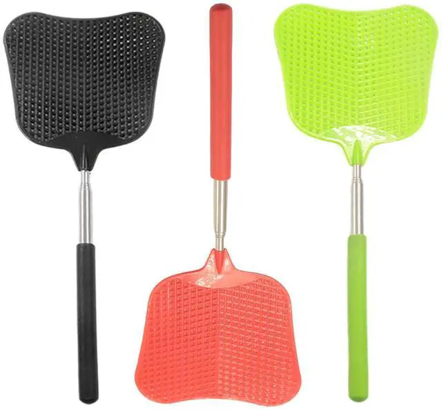 Main image of 3 Pcs Telescopic Fly Swatter Black Red Green | Stainless Steel Handle, Large Plastic Paddle, Indoor Outdoor Use