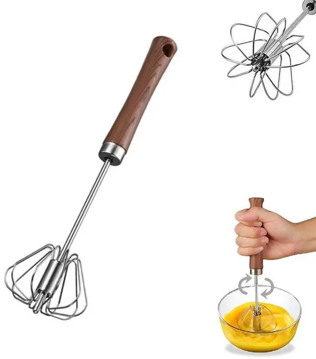 Main image of Stainless Steel Semi-Automatic Whisk Hand Push Rotary Whisk Blender with Wood Handle Egg Beater Hand Push Mixer Stirrer Egg Scrambler for Blending, Whisking, Frothing, Beating & Stirring (14in)