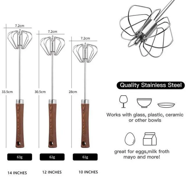 Alt view image 2 of 7 - Stainless Steel Semi-Automatic Whisk Hand Push Rotary Whisk Blender with Wood Handle Egg Beater Hand Push Mixer Stirrer Egg Scrambler for Blending, Whisking, Frothing, Beating & Stirring (14in)