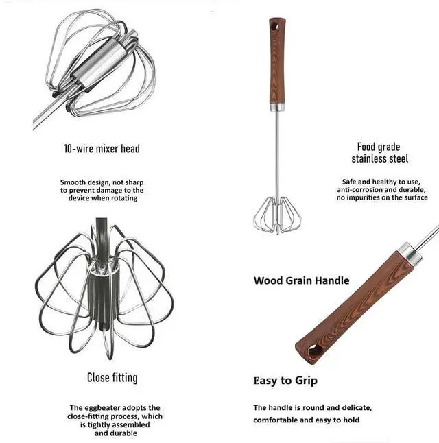Alt view image 3 of 7 - Stainless Steel Semi-Automatic Whisk Hand Push Rotary Whisk Blender with Wood Handle Egg Beater Hand Push Mixer Stirrer Egg Scrambler for Blending, Whisking, Frothing, Beating & Stirring (14in)
