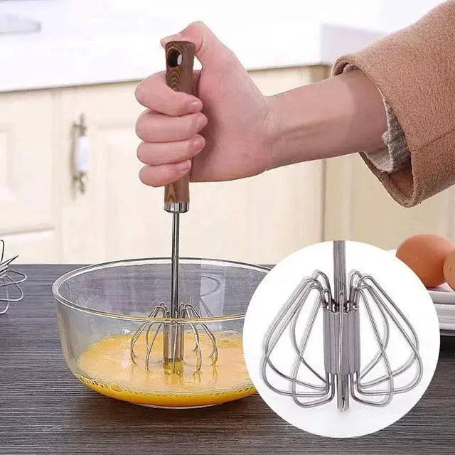 Alt view image 6 of 7 - Stainless Steel Semi-Automatic Whisk Hand Push Rotary Whisk Blender with Wood Handle Egg Beater Hand Push Mixer Stirrer Egg Scrambler for Blending, Whisking, Frothing, Beating & Stirring (14in)