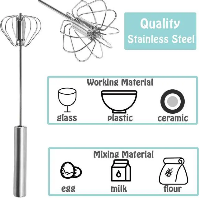Alt view image 3 of 7 - Semi-automatic Whisk, Stainless Steel Egg Beater, Hand Push Rotary Whisks Mixer Stirrer for Making Cream, Whisking, Beating and Stirring (12Inch)