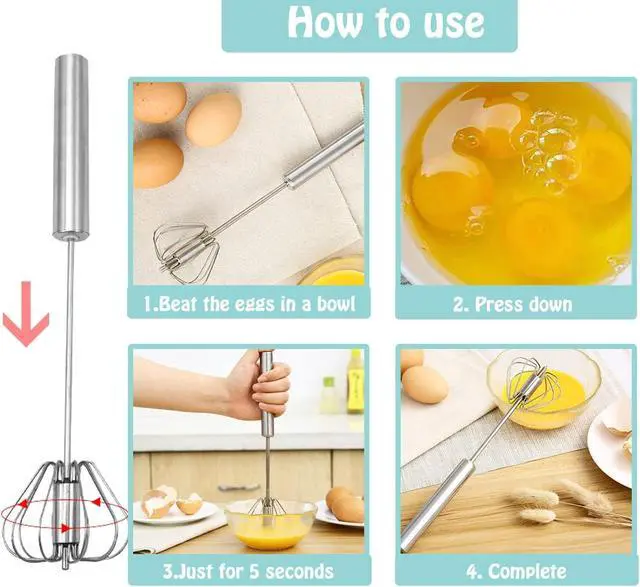 Alt view image 4 of 7 - Semi-automatic Whisk, Stainless Steel Egg Beater, Hand Push Rotary Whisks Mixer Stirrer for Making Cream, Whisking, Beating and Stirring (12Inch)