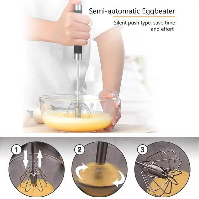 Alt view image 6 of 7 - Stainless Steel Semi-Automatic Easy Whisk Handheld Mixer Hand Push Rotary Whisk Blender Egg Beater Hand Push Mixer Stirrer Egg Scrambler for Blending, Whisking, Frothing, Beating & Stirring, 10in