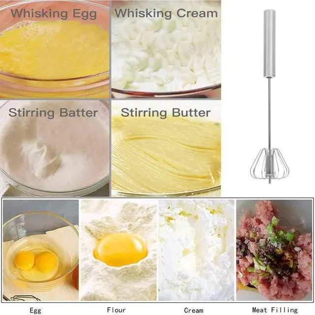 Alt view image 4 of 7 - Stainless Steel Egg Whisk, Hand Push Rotary Whisk Blender | Egg Beater Mixer, Semi-Automatic Rotating, Hand Mixer Blender, Milk Frother, Stirrer for Blending, Whisking, Stirring