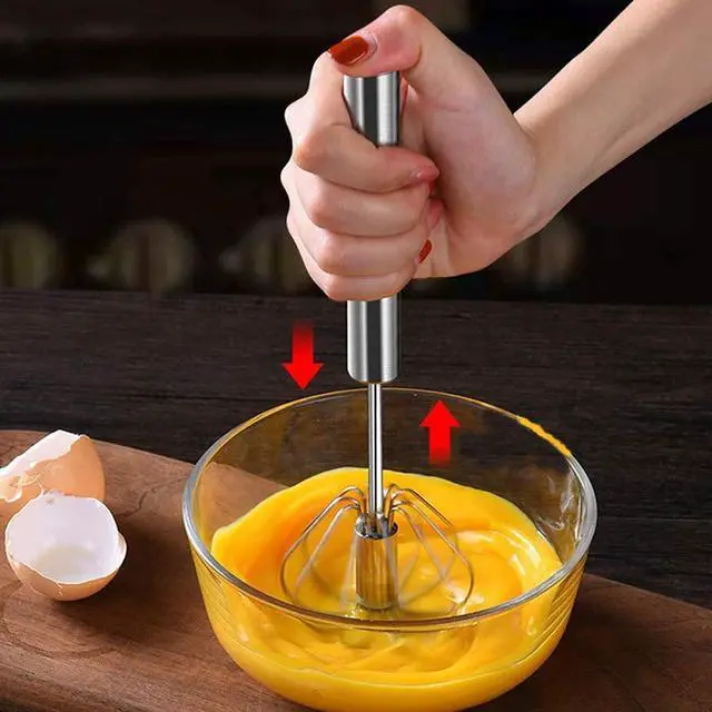 Alt view image 3 of 7 - Stainless Steel Egg Whisk, Hand Push Rotary Whisk Blender | Egg Beater Mixer, Semi-Automatic Rotating, Hand Mixer Blender, Milk Frother, Stirrer for Blending, Whisking, Stirring